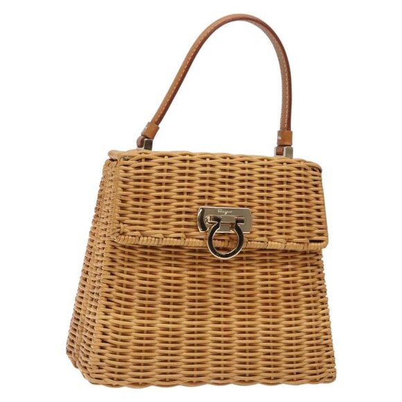 Salvatore Ferragamo Gancini Hand Bag Wicker Beige Gold Auth 132381 - Picture 1 of 16